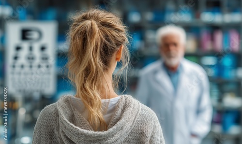 Woman Visiting an Optometrist for an Eye Examination in a Modern Clinic Setting