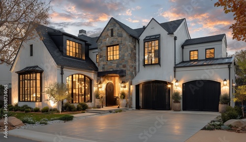Elegant Stone House With Charming Design in Peaceful Neighborhood During Sunset.