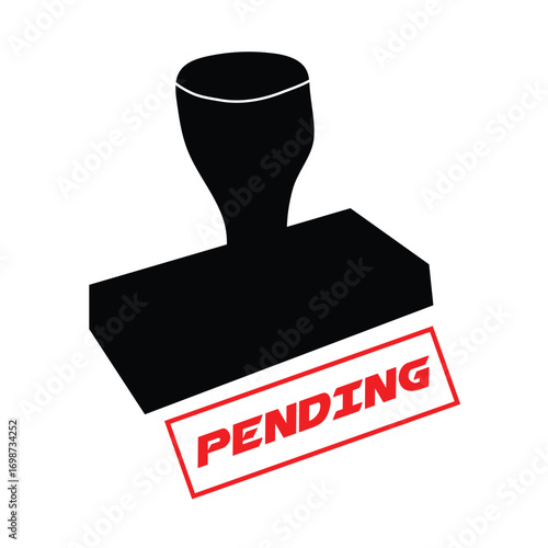 Pending Stamp Icon: Red pending approval stamp with rubber stamp silhouette, vector symbol for business, document, and decision status.