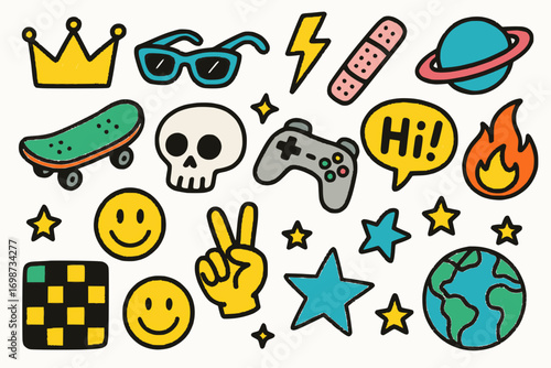 Set of colorful hand-drawn doodle icons in bold sketch style isolated on white background