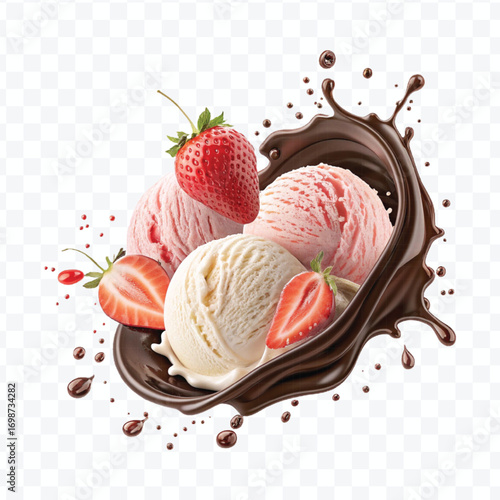 realistic swirling creamy vanilla and strawberry ice cream scoops with chocolate splash isolated on transparent background	