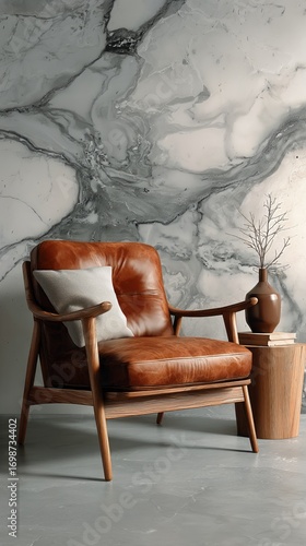 Elegant Brown Leather Armchair Next to a Wooden Side Table With a Vase and Pl...