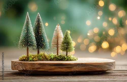 Decorative Miniature Trees With Twinkling Lights on Wooden Base for Festive A...