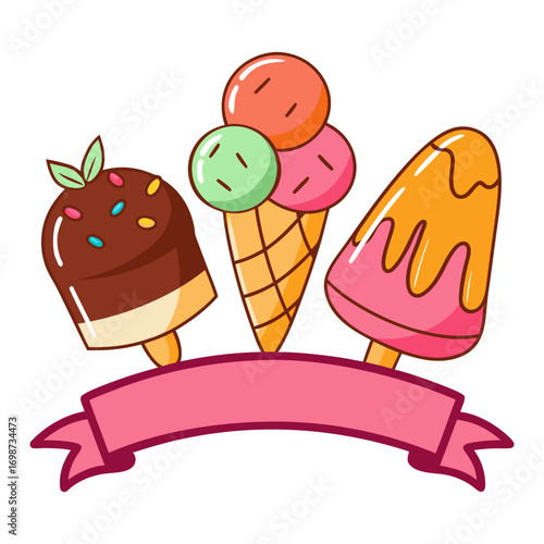 Cute Ice Cream and Popsicles with Ribbon Banner