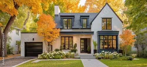 Autumn Foliage Enhances the Beauty of a Modern House in a Serene Neighborhood...