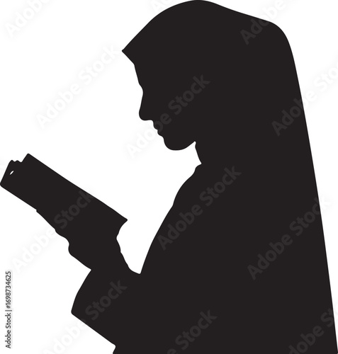 Silhouette of a Muslim woman wearing a hijab reading a book Keywords: Muslim woman, hijab, reading, book, Islamic, education, knowledge, faith, devotion, prayer, contemplation, silhouette, black