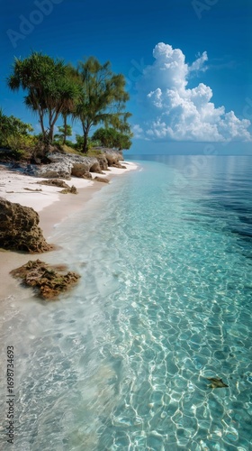 Serenity of the Tranquil Beach With Clear Water and Distant Clouds on a Sunny...