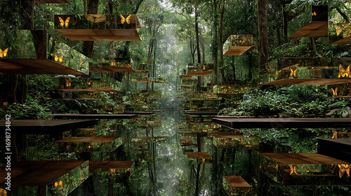 Fototapeta Naklejka Na Ścianę i Meble -  Dreamy forest landscape with butterflies and mirrored platforms nature photography background wallpaper 100
