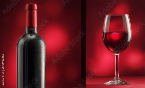 Elegant Display of Red Wine Bottle and Glass Against a Vibrant Red Background