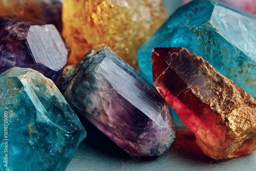 Colorful Crystals and Gemstones Displaying Intricate Patterns and Vibrant Hue...