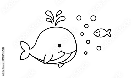 Cute cartoon whale with bubbles and fish in simple line art
