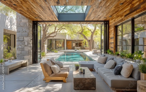 Modern Outdoor Living Space With Swimming Pool and Cozy Seating Area in a Sun...