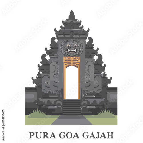 Vector illustration of the intricately carved stone entrance to the Pura Goa Gajah, or Elephant Cave Temple, in Bali.