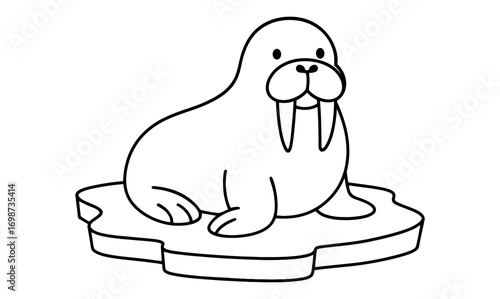 Cute walrus on ice in simple black and white line art style