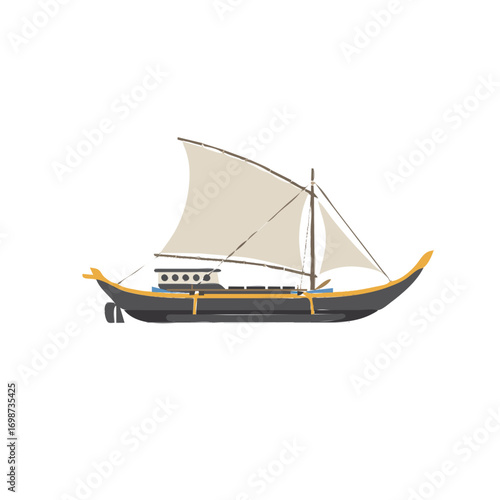 A traditional wooden sailing boat with a large beige sail, depicted in a clean, stylized illustration on a white background.