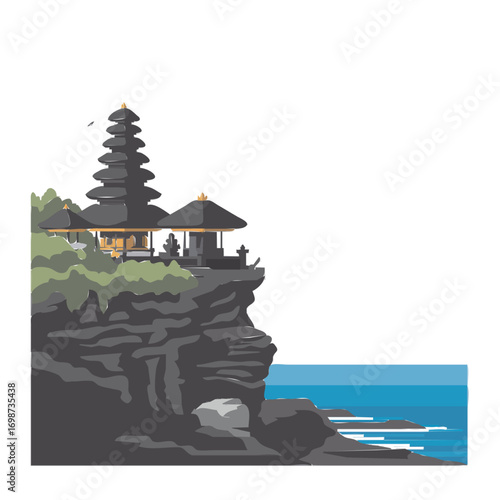 A vector illustration of a traditional Balinese Hindu temple perched on a rocky cliff overlooking the ocean.
