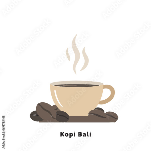 A minimalist vector illustration of a steaming cup of Kopi Bali, or Balinese coffee, with roasted beans.