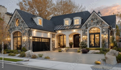 Elegant Stone House With Charming Design in Peaceful Neighborhood During Sunset