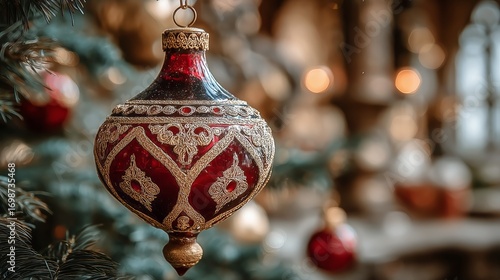 Decorative Red Ornament Hanging on a Christmas Tree During the Holiday Season