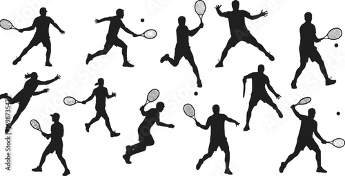 Silhouette tennis players in action, hitting ball with racket, various poses, competitive sports, outdoor game, tennis match, athletic movement, sports activity, fitness, recreation, teamwork