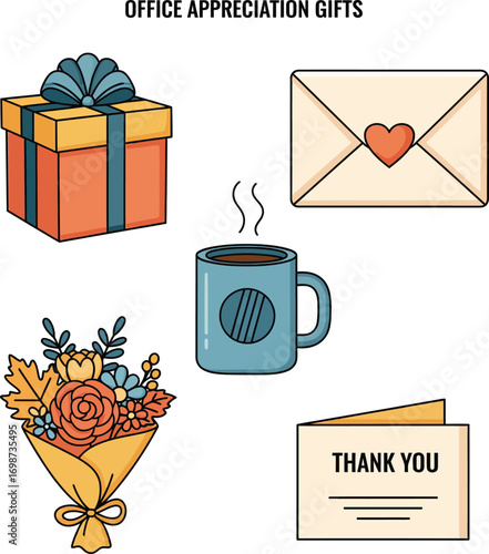 Office appreciation gifts collection featuring gift box envelope coffee mug bouquet thank you card vector
