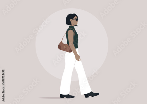 Fashion-forward character walks gracefully down the vibrant sidewalk, flaunting their individual style, weaving through a lively urban atmosphere filled with energy
