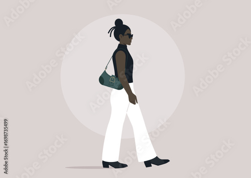 Fashion-forward character walks gracefully down the vibrant sidewalk, flaunting their individual style, weaving through a lively urban atmosphere filled with energy