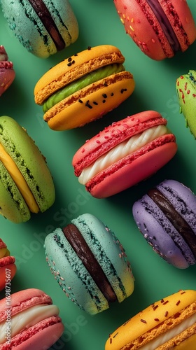 Colorful Macarons Displayed on a Green Background With Various Flavors and To...
