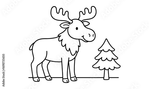 Cute moose outline with tree in minimalist cartoon style for kids coloring
