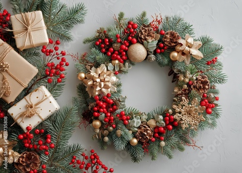 Beautiful Holiday Wreath With Gift Boxes and Festive Decorations on a Light B...