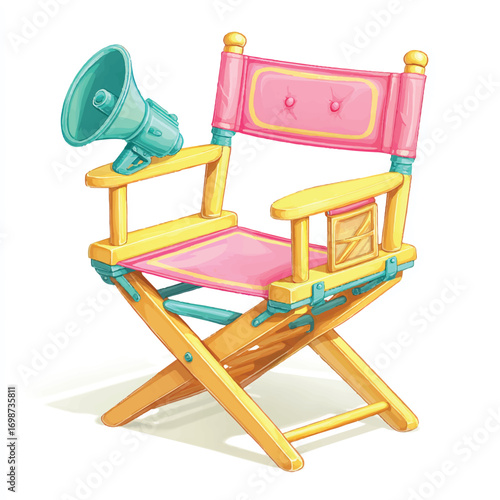 Directors chair with megaphone representing film direction and artistic production in a vibrant color palette