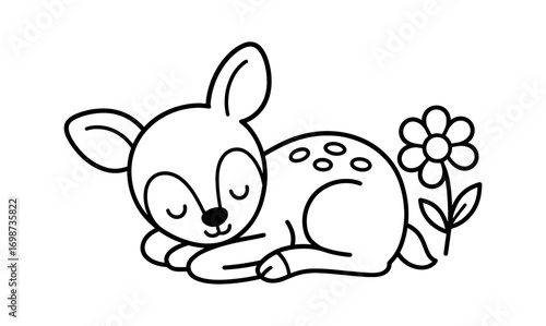 Adorable fawn resting with flower: simple black and white line art for children's designs