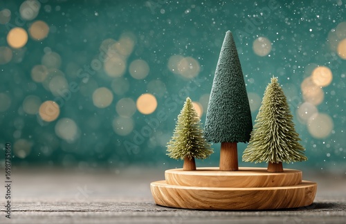 Decorative Christmas Trees on Wooden Platform With Warm Bokeh Background Duri...