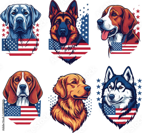 Patriotic dog portraits featuring american flags and popular breeds vector