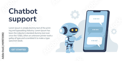 AI chatbot friendly assistant for communication. Cute futuristic chat bot character standing next to smartphone. Friendly voice assistant robot. Vector banner mockup.