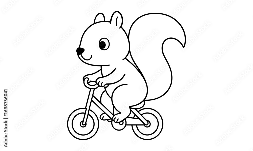 Fototapeta premium Cute cartoon squirrel riding a bicycle outline for coloring pages