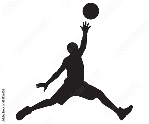 "Silhouette of basketball player jumping with ball in hand for slam dunk in vector illustration, symbol of sports action, athletic movement, competition, team game, training, fitness, and dynamic ener