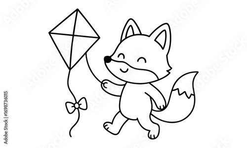 Cute cartoon fox flying kite for playful kids coloring fun