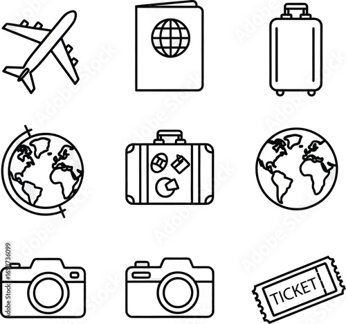 Collection of travel icons featuring airplane passport luggage globe cameras and ticket for travel planning vector
