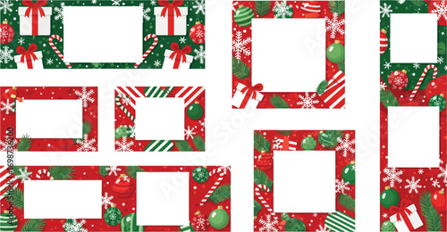 Festive christmas photo frames with candy cane and holly decorative borders vector