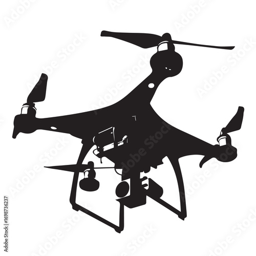 Silhouette of a Quadcopter Drone with Camera and Gimbal on White Background Keywords: drone, quadcopter, aerial vehicle, technology, flying machine, camera, gimbal, propellers, rotorcraft, unmanned
