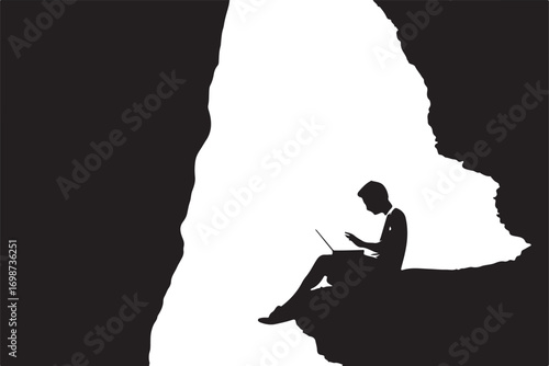 Silhouette of a person working on a laptop inside a dark cave opening vector illustration