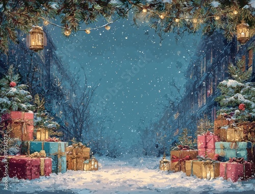 Christmas Decorations With Colorful Wrapped Gifts Under Snow and Lights.