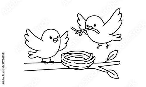 Birds building nest on branch in a minimalist outline style