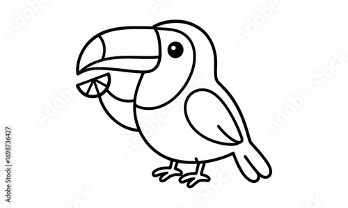 Cute toucan holding fruit slice in simplistic line art design