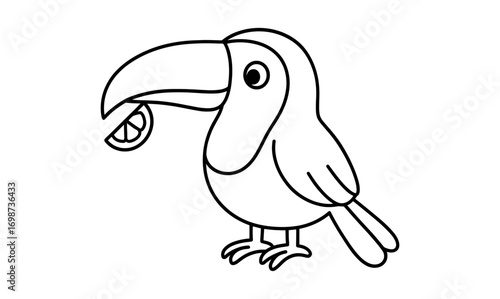 Cute cartoon toucan with lemon slice in beak - fun animal outline drawing
