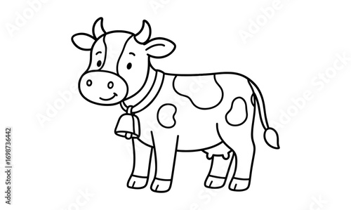 Cute cartoon cow outline with bell - animal line art for kids