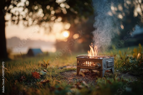 Cozy Outdoor Grill With Flames Dancing in the Twilight at a Lakeside Campsite