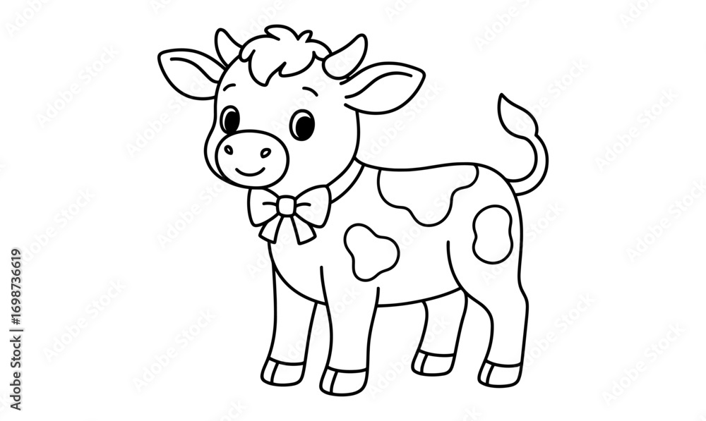 Fototapeta premium Cute cartoon cow with bow coloring page for kids activities