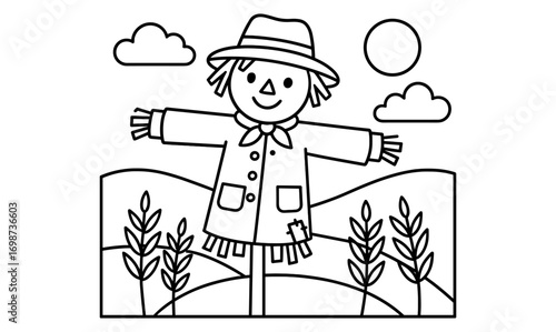 Outline scarecrow art in countryside setting with sun and clouds